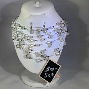 Women’s necklace and earrings wired white pearl and silver beaded allusion set